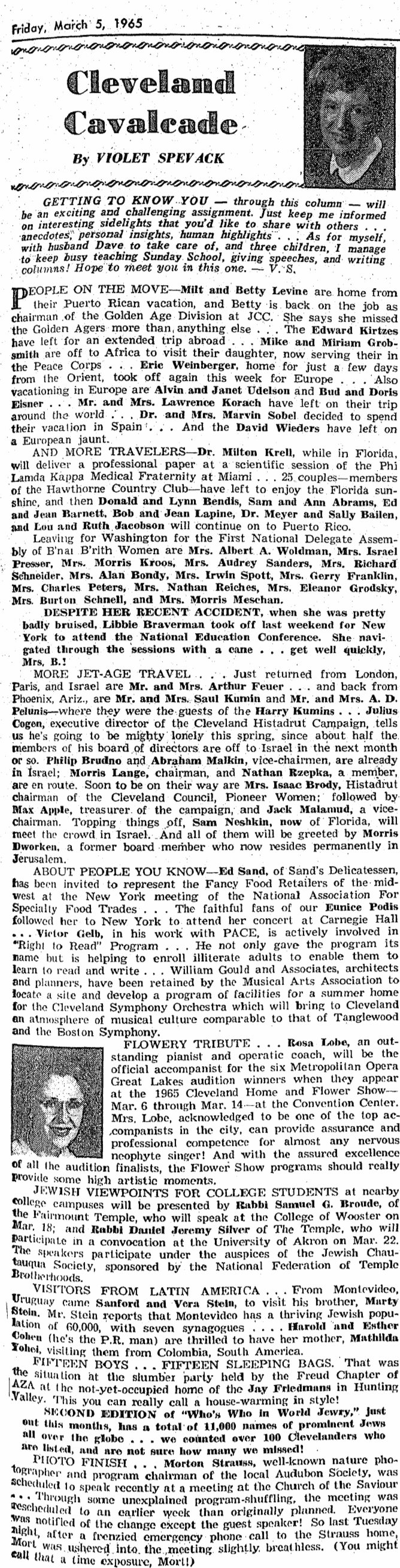 Violet Spevack's first column